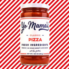 Yo Mama’s Foods Keto Classic Pizza Sauce jar highlighting fresh tomatoes and preservative-free recipe.