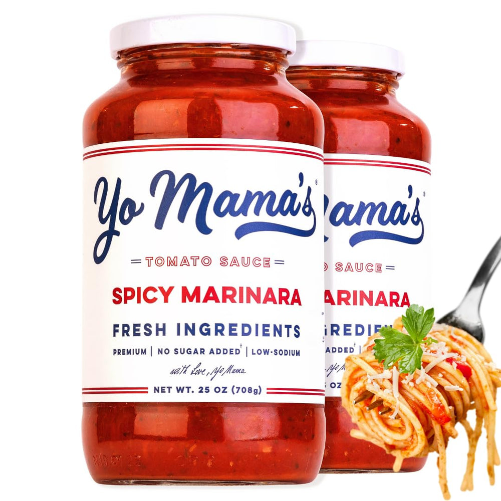 Yo Mama's Foods Keto Spicy Marinara jar shows rich flavor ideal for keto meals