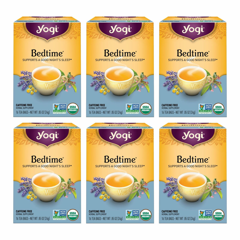Yogi Bedtime packaging close-up highlighting organic ingredients for calm evenings