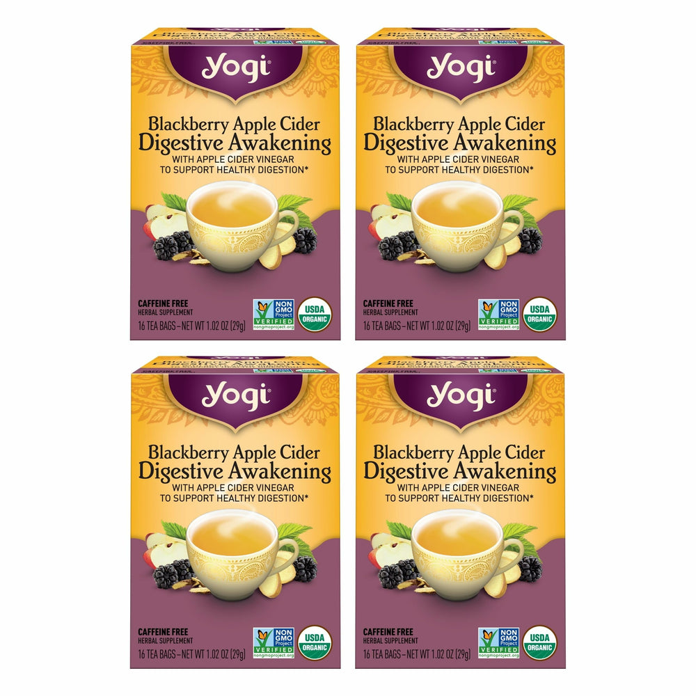 Yogi blackberry apple cider digestive awakening tea pack highlights organic blend for daily support.