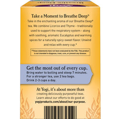 Steeping Yogi Breathe Deep tea in a cup with rising steam