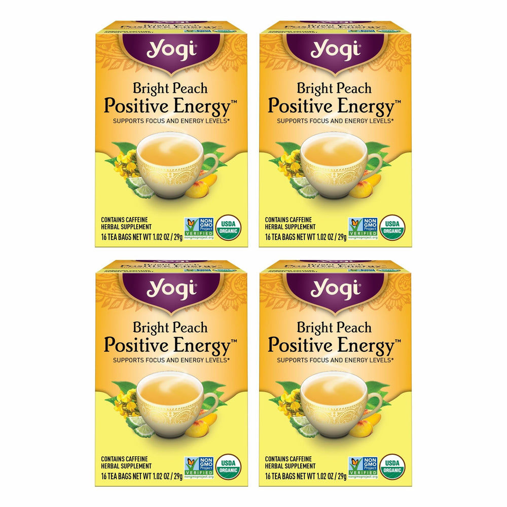 Yogi Bright Peach Tea bags ready to brew for a refreshing energy lift.