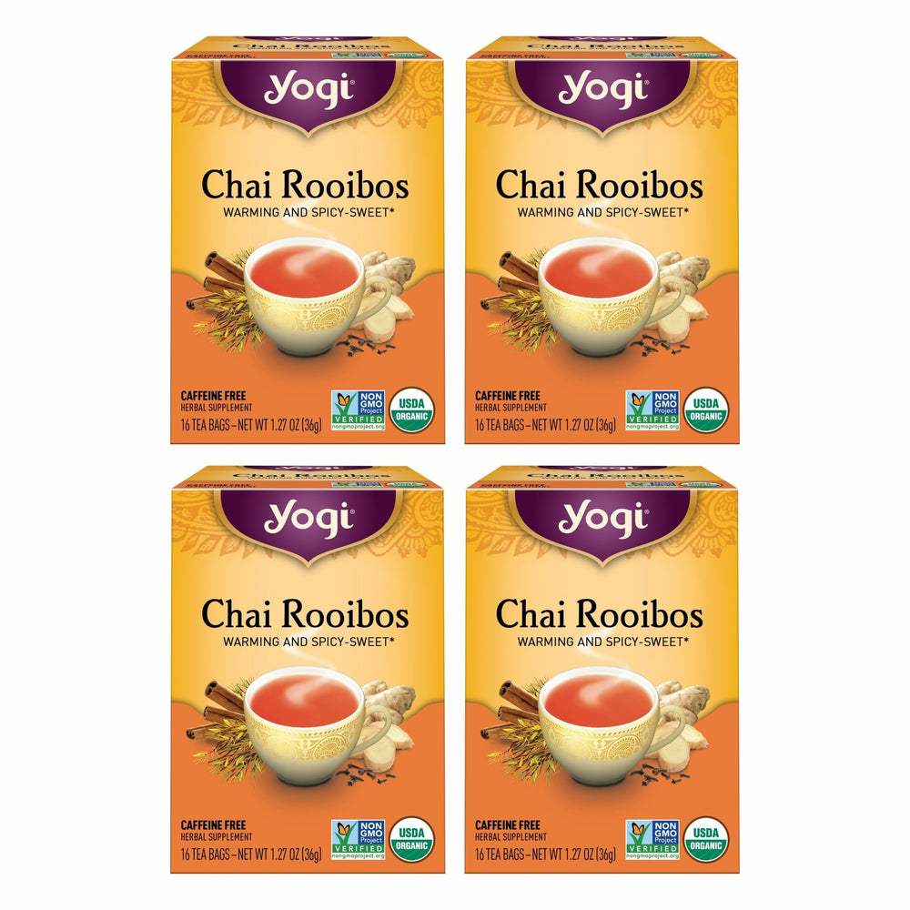 Yogi Chai Rooibos tea bags ready to brew for a caffeine-free evening.
