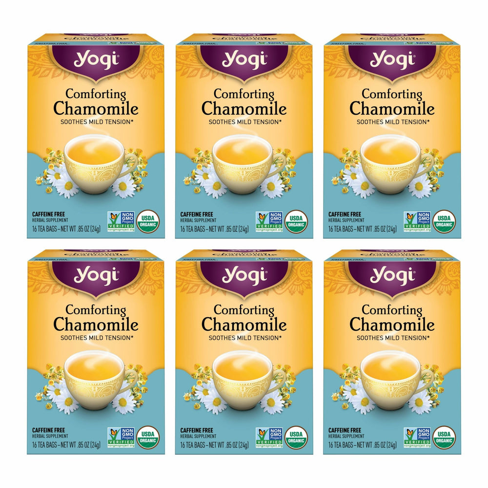 Yogi Comforting Chamomile Tea bags pack promotes a caffeine-free evening ritual for relaxation.