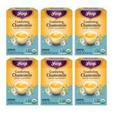 Yogi Comforting Chamomile Tea bags pack promotes a caffeine-free evening ritual for relaxation.
