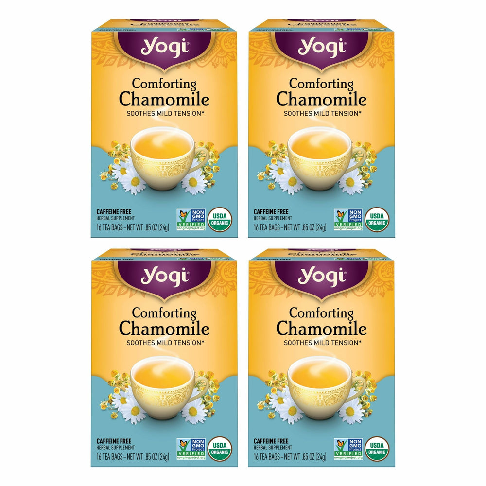 Yogi Comforting Chamomile tea bags ready to brew for caffeine-free relaxation.