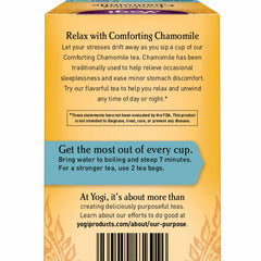 Yogi Comforting Chamomile tea cup emitting steam for evening calm.