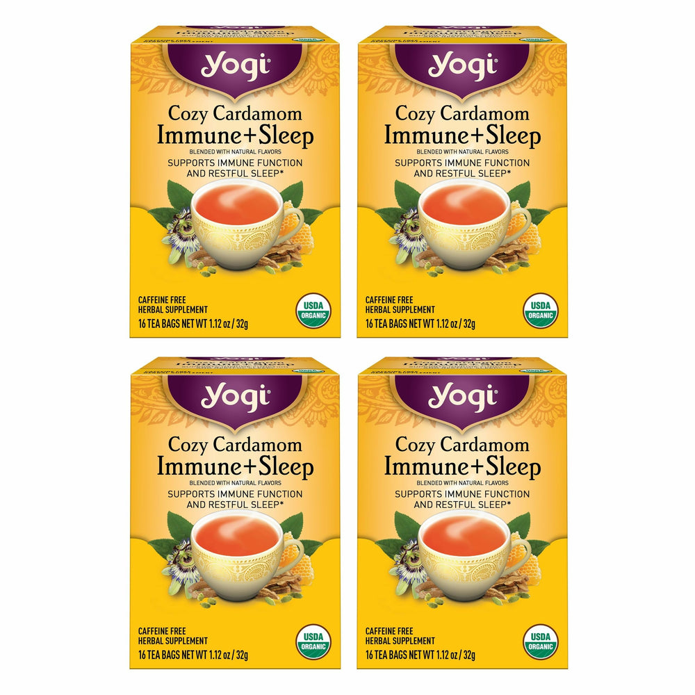 Yogi Cozy Cardamom Immune & Sleep tea bags ready to brew for a soothing evening.