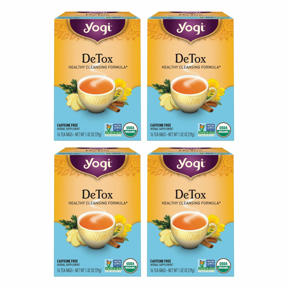 Yogi DeTox tea packaging showcases organic branding for a daily detox ritual.