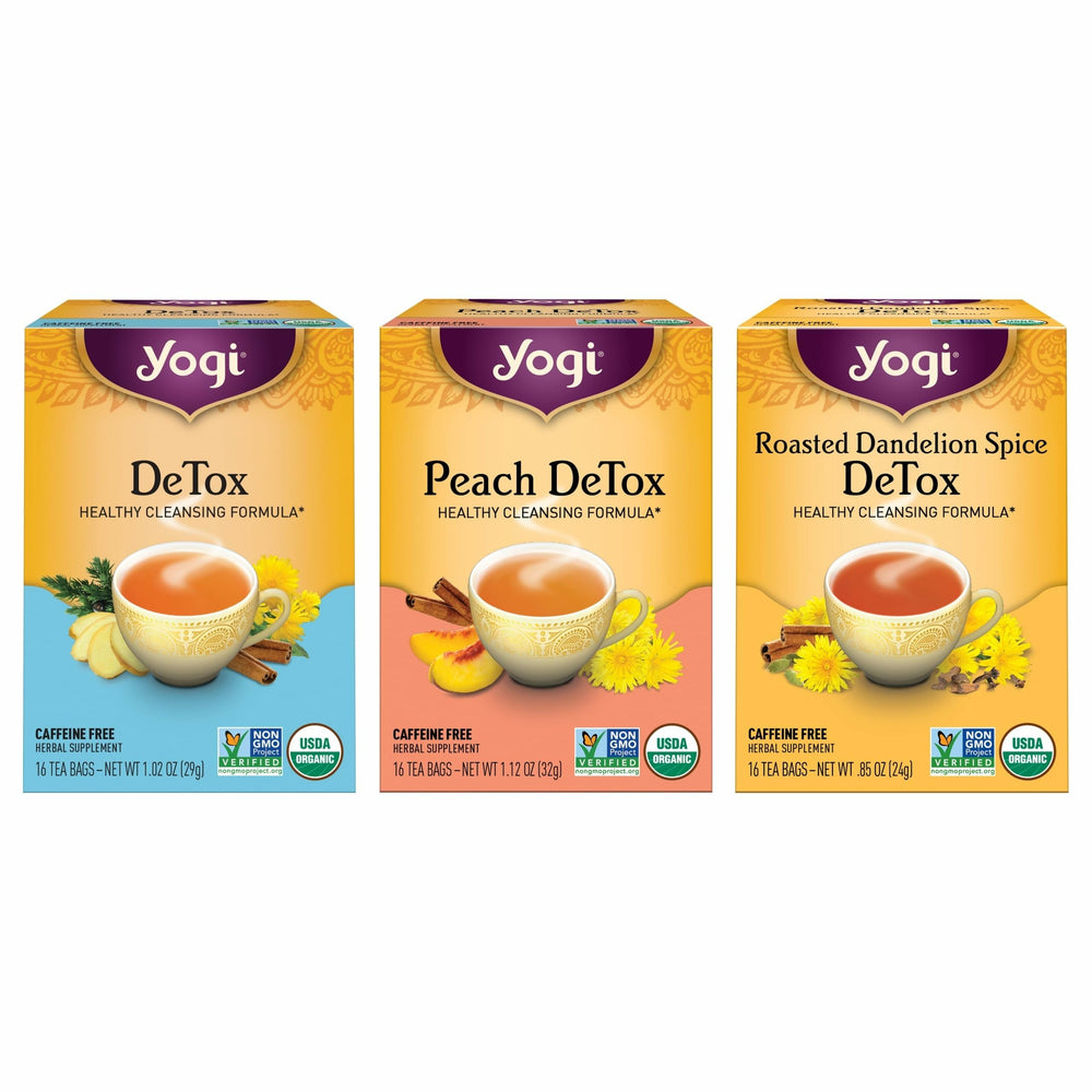 Yogi Detox variety-pack tea boxes showcase three organic blends for a refreshing ritual.