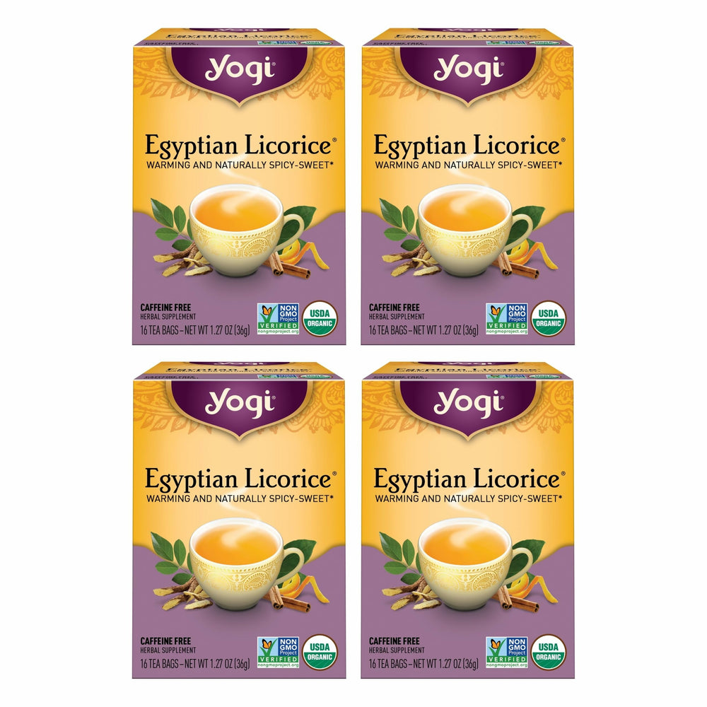 Yogi Egyptian Licorice Tea bags in pack, caffeine-free and organic.
