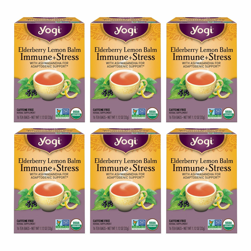 Yogi Elderberry Lemon Balm Tea pack showing organic blend for immune-supporting moments.