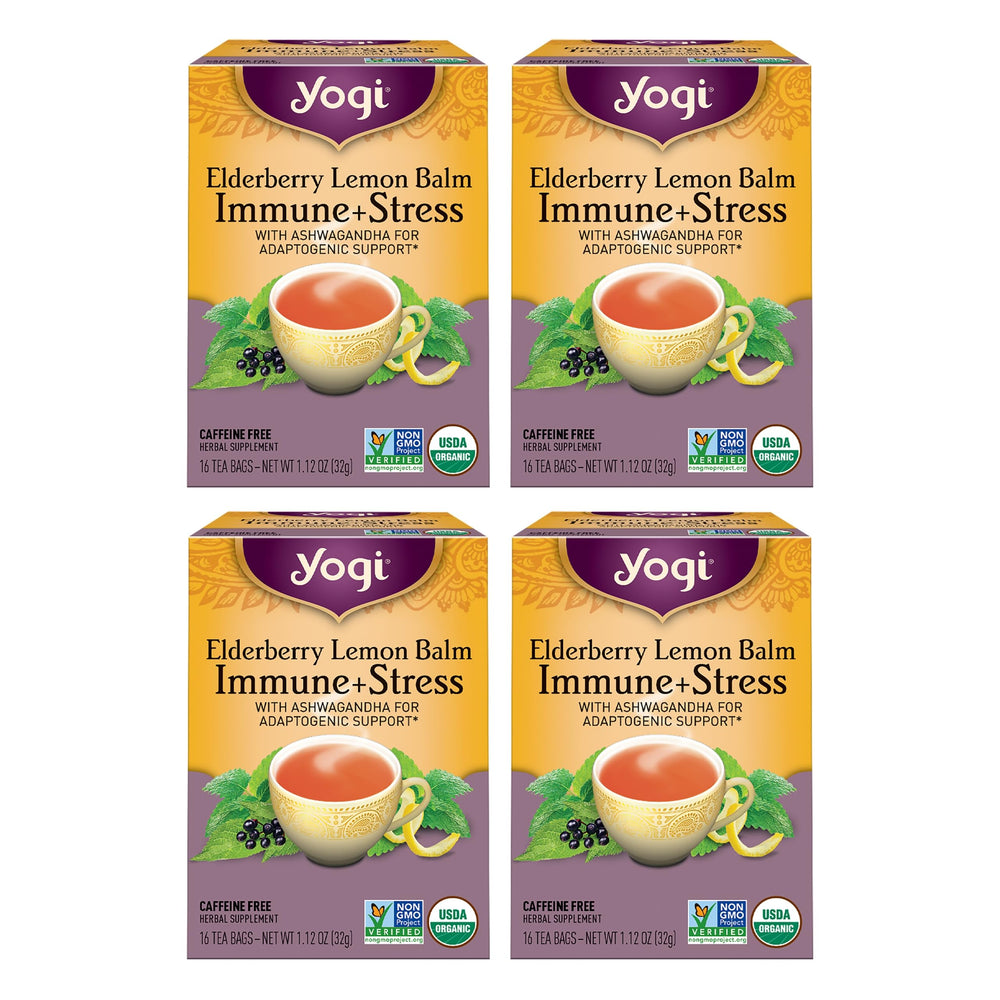 Yogi Elderberry Lemon Stress Tea box front with four-pack packaging for daily ritual