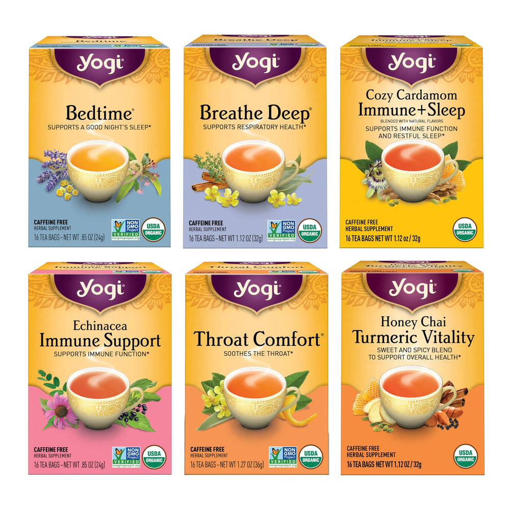 Yogi Get Well Tea Sampler front-pack view shows six herbal blends for wellness