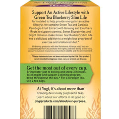 A brewed cup of Yogi Green Tea Blueberry Slim Life energizes with subtle blueberry aroma.