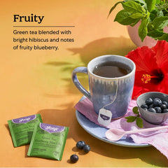 Yogi Green Tea Blueberry Slim Life brewed cup with vibrant aroma.