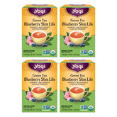 Yogi Green Tea Blueberry Slim Life packaging highlighting organic and non-GMO credentials.