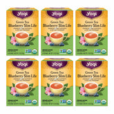 Yogi Green Tea Blueberry Slim Life pack front with organic ingredients for a refreshing boost.