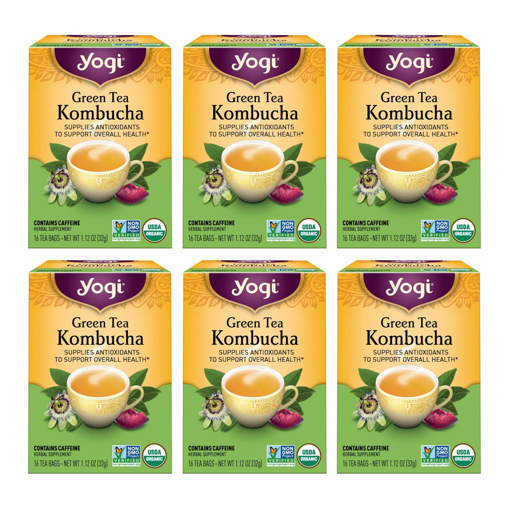 Yogi Green Tea Kombucha tea bags in a box for a convenient antioxidant boost.
