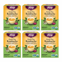 Yogi Green Tea Kombucha tea bags in a box for a convenient antioxidant boost.