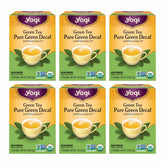 Yogi Green Tea Pure Green Decaf packaging highlights organic quality and low caffeine.