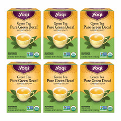 Yogi Green Tea Pure Green Decaf packaging highlights organic quality and low caffeine.