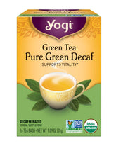 Yogi Green Tea Pure Green Decaf tea bag ready to infuse antioxidants in your cup.