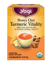 Yogi Honey Chai Turmeric Vitality tea bag close-up, organic spices for a warming ritual.