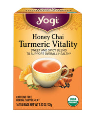 Yogi Honey Chai Turmeric Vitality tea bag close-up, organic spices for a warming ritual.