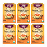 Yogi Honey Chai Turmeric Vitality Tea packaging showing six-pack bundle for daily use