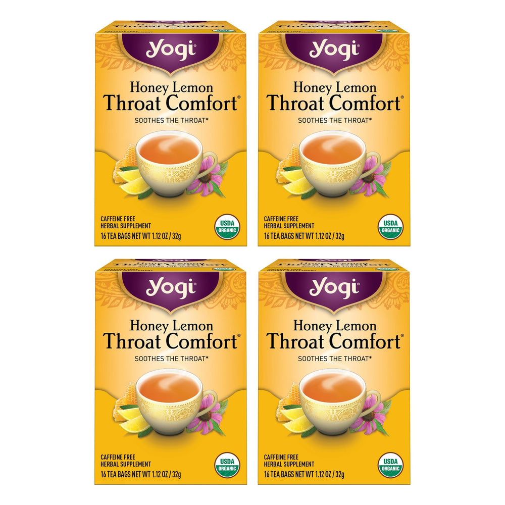 Yogi Honey Lemon Throat Comfort tea bags in a box for soothing warmth.