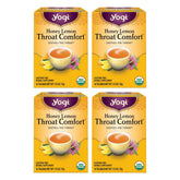 Yogi Honey Lemon Throat Comfort tea bags in a box for soothing warmth.
