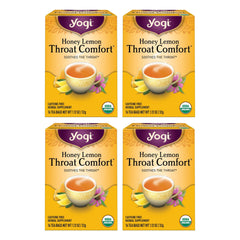Yogi Honey Lemon Throat Comfort tea bags in a box for soothing warmth.