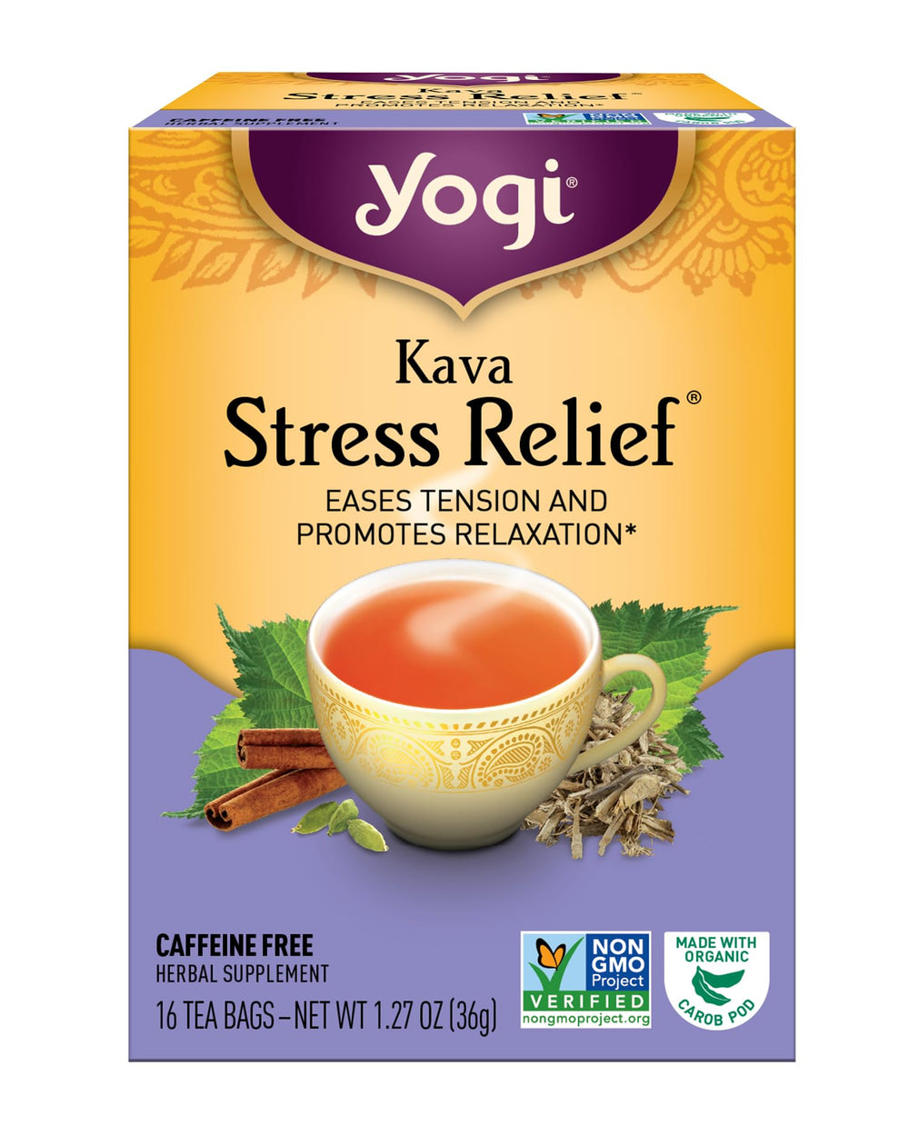 Yogi Kava Stress Relief tea box inviting calm evening ritual.