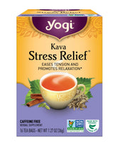Yogi Kava Stress Relief tea box inviting calm evening ritual.