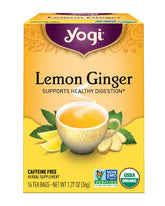 Yogi Lemon Ginger tea bag steeping in a cup for comforting infusion.