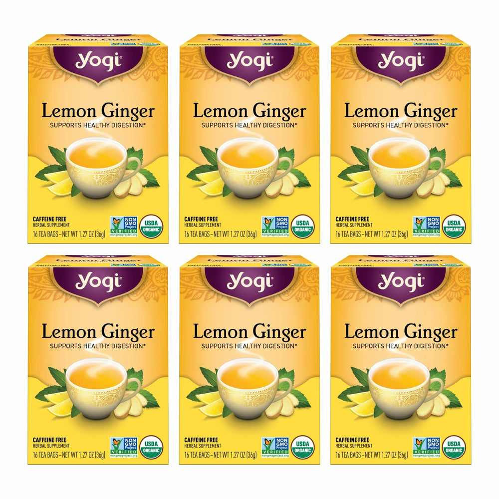Yogi Lemon Ginger Tea front packaging highlighting an organic blend for daily comfort.