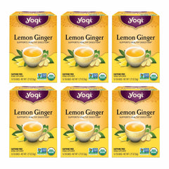 Yogi Lemon Ginger Tea front packaging highlighting an organic blend for daily comfort.