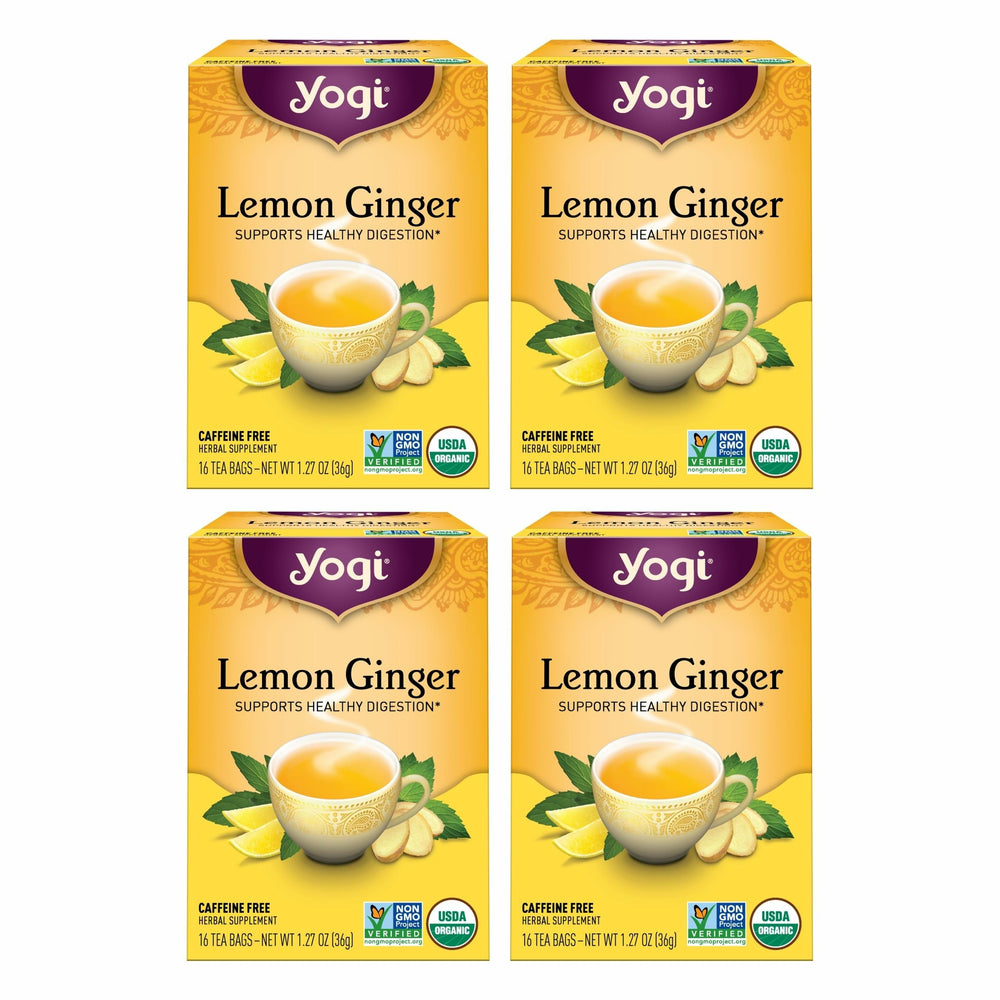 Yogi Lemon Ginger tea packaging highlights organic ingredients for a bright start