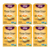 Yogi Mango Ginger Tea pack front showing organic blend for digestion-friendly moments.