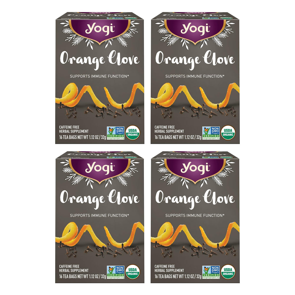 Yogi Orange Clove tea bags displayed on the four-pack box for the limited edition blend