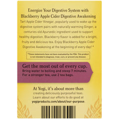 Yogi Organic Blackberry Apple Awakening Digestive Cider close-up shows ginger, apple, and blackberry notes