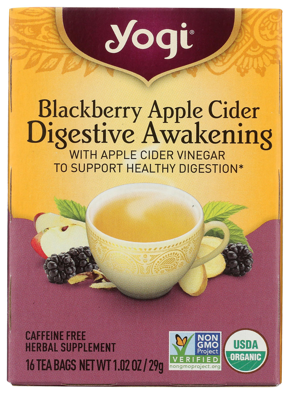 Yogi Organic Blackberry Apple Awakening Digestive Cider packshot with 16 tea bags for daily brewing