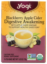Yogi Organic Blackberry Apple Awakening Digestive Cider packshot with 16 tea bags for daily brewing