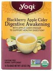Yogi Organic Blackberry Apple Awakening Digestive Cider packshot with 16 tea bags for daily brewing