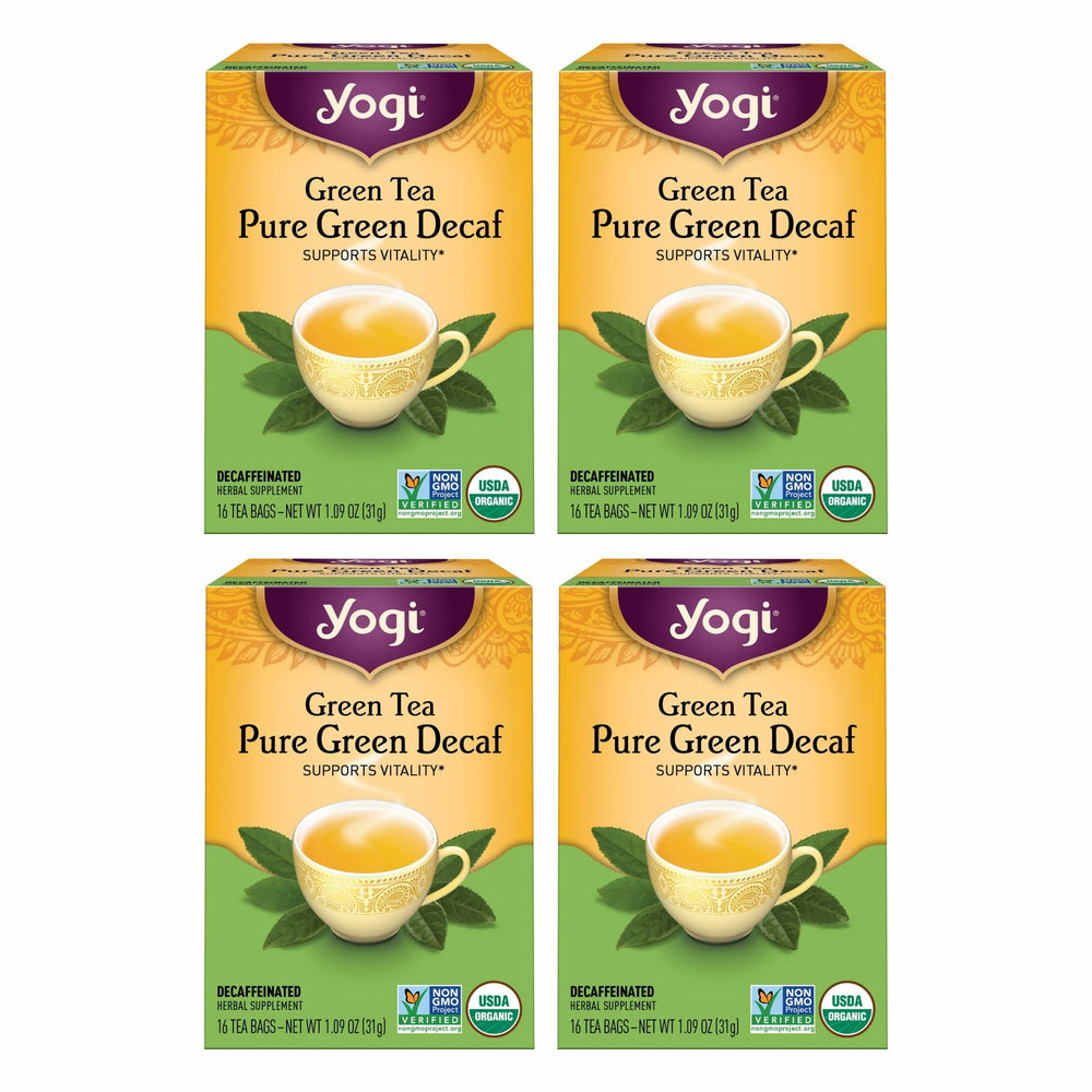 Yogi Pure Decaf Green Tea packaging showing organic label for a trusted cup