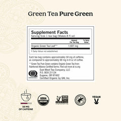 Yogi Pure Green Tea bags close-up highlighting vegan and NON-GMO ingredients.