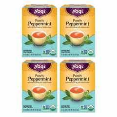 Yogi Purely Peppermint 4-pack display shows caffeine-free, organic refreshment for any time.