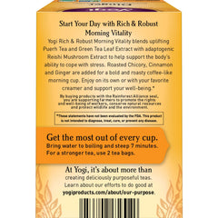 Yogi Morning Vitality packaging display highlighting six-pack, pantry-friendly format