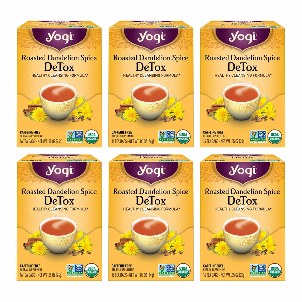 Yogi Roasted Dandelion Spice DeTox Tea package front for daily wellness.